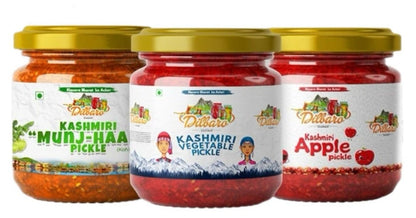 Sample Pack of 3 Kashmiri Pickle - Kashmiri Mix Veg Pickle, Munj-Haak Pickle, Apple Pickle - Dilbaro foods 